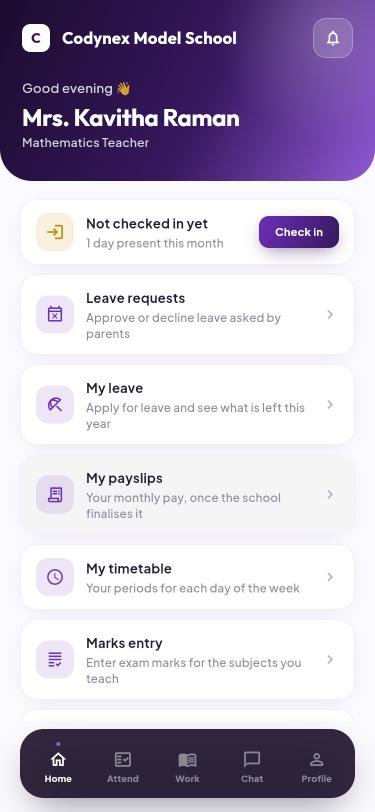 Teacher's home screen in the app